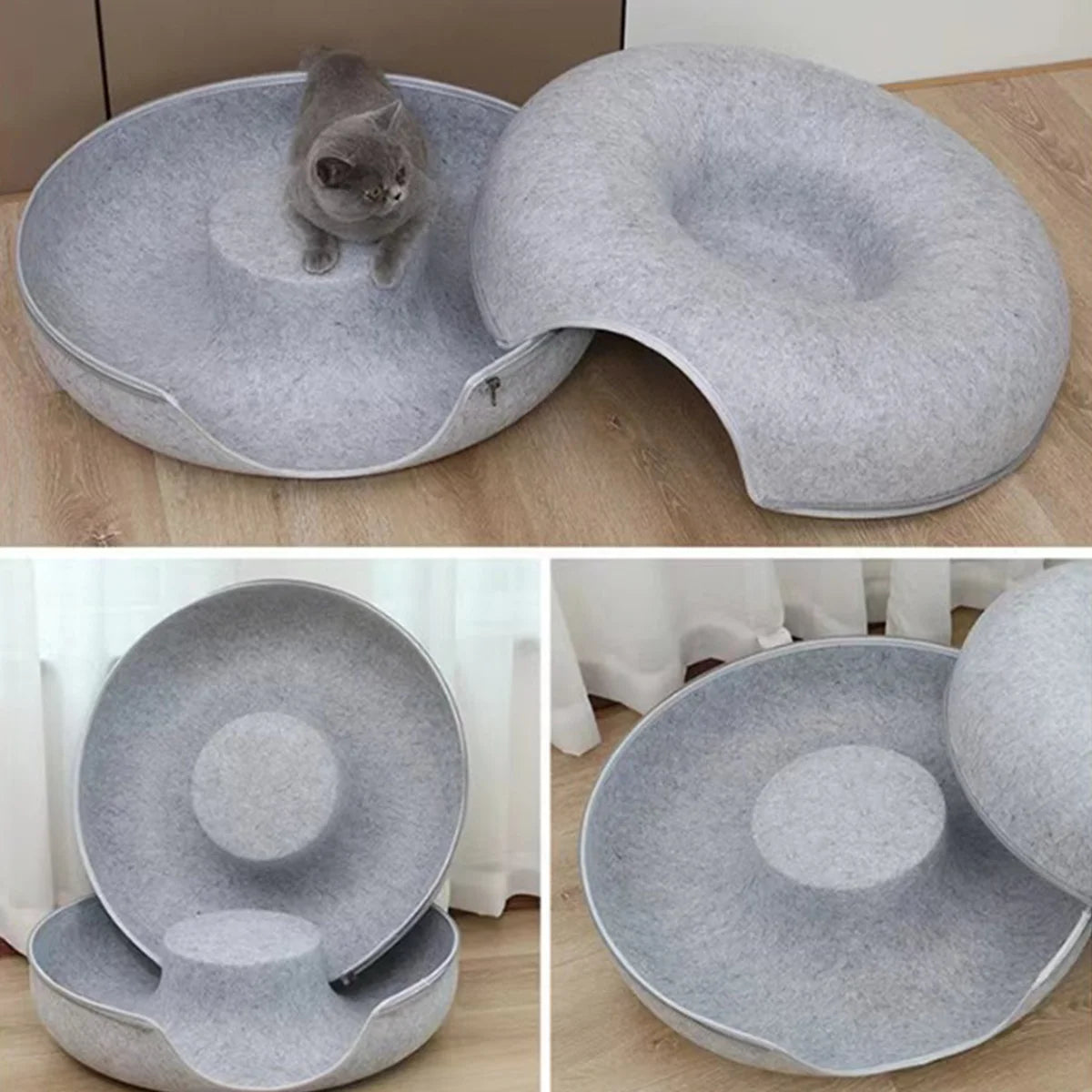 The "Peek-a-Boo" Donut Cat Tunnel Bed – Interactive Felt Cave & Scratcher