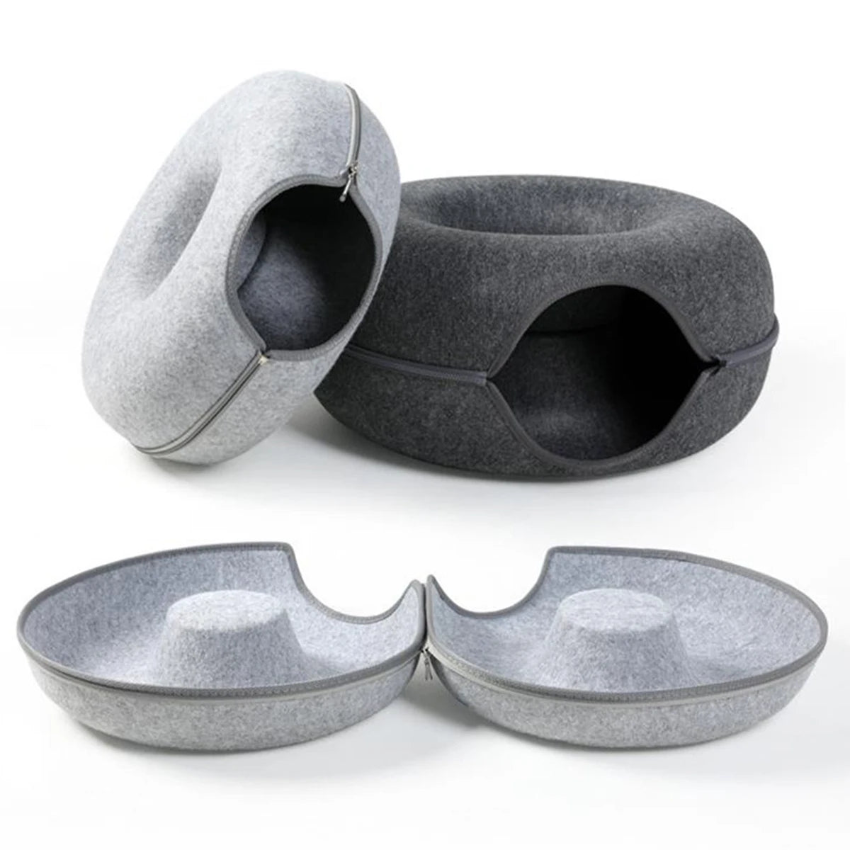 The "Peek-a-Boo" Donut Cat Tunnel Bed – Interactive Felt Cave & Scratcher