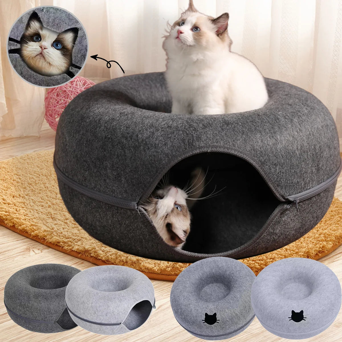 The "Peek-a-Boo" Donut Cat Tunnel Bed – Interactive Felt Cave & Scratcher