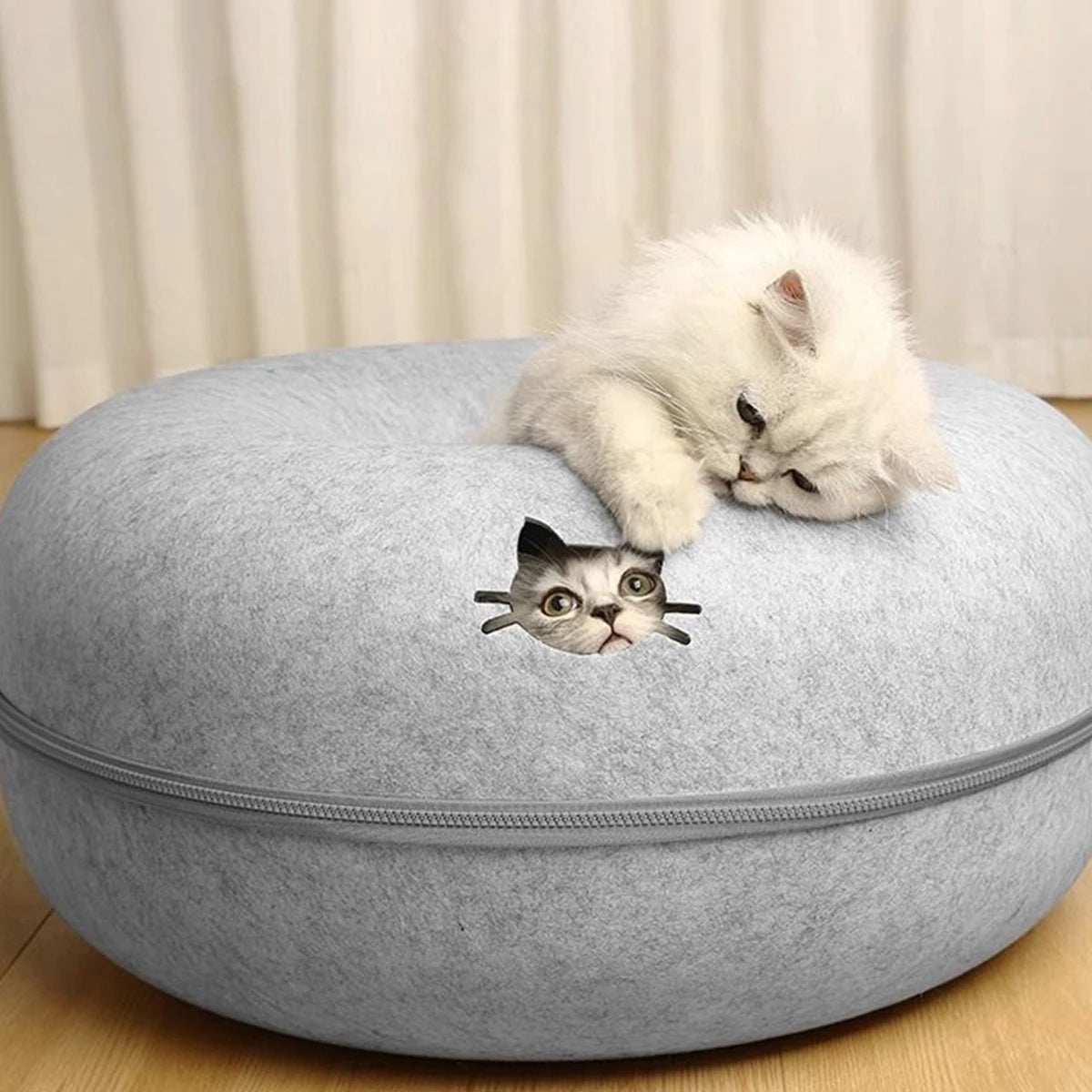 The "Peek-a-Boo" Donut Cat Tunnel Bed – Interactive Felt Cave & Scratcher